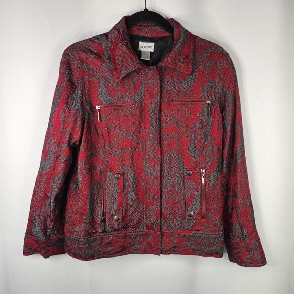Chicos Size 2 Jacket Womens Red Gray Snap Front Lined Pockets Cotton Lyocell L - Picture 1 of 8